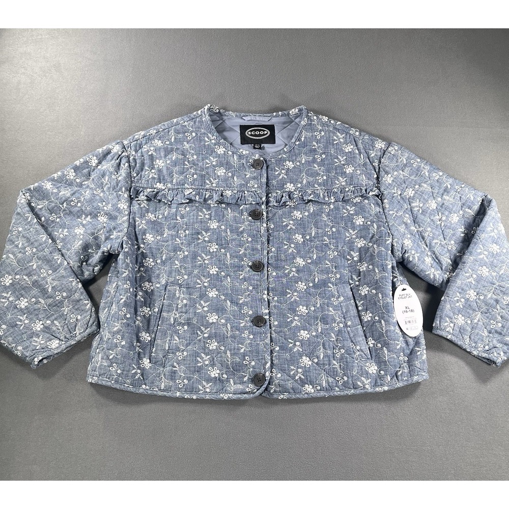 Scoop Denim Eyelet Floral Embroidered Cropped Button Up Jacket Blue Womens XL
